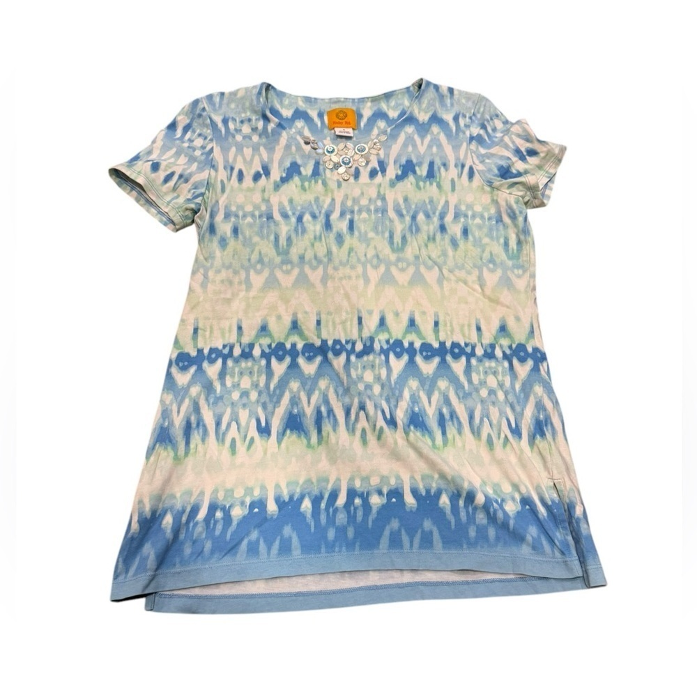 EUC Blue & White tie dye Ruby Rd Embellished neckline tee tropical resort boho S